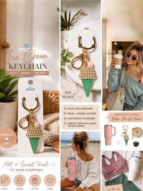 Ice Cream Keychain Pearl Charm 🍦 Gold Clip Cute Boho Bag Charm Gift Trendy